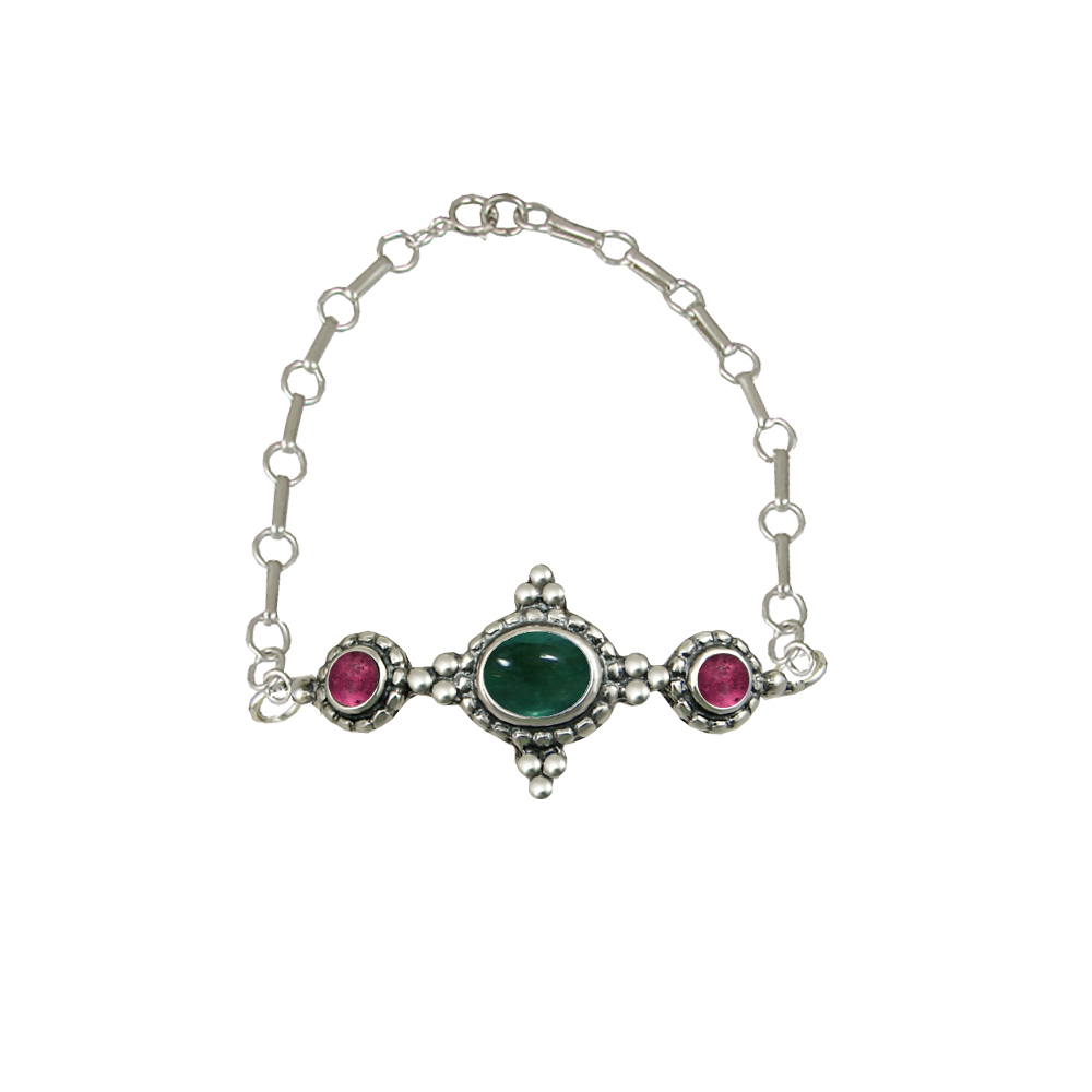 Sterling Silver Gemstone Adjustable Chain Bracelet With Fluorite And Pink Tourmaline